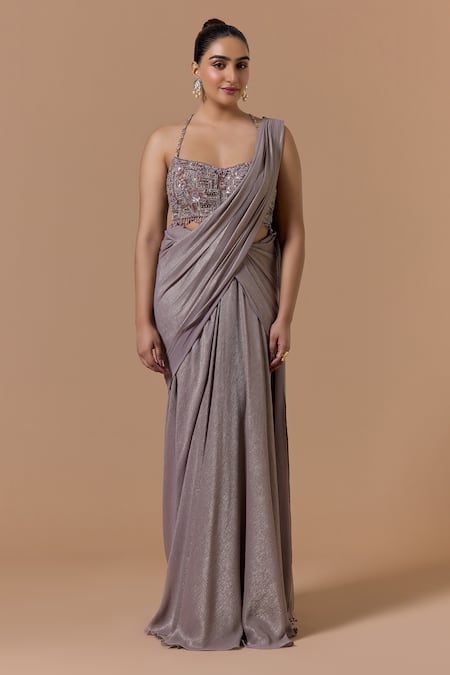 Nitika Gujral Brown Georgette, Polyester, Shantoon Shimmer Finish Pre-draped Saree With Blouse Online at Aza Fashions Nitika Gujral_Brown Georgette, Polyester, Shantoon Shimmer Finish Pre-draped Saree With Blouse _Online_at_Aza_Fashions