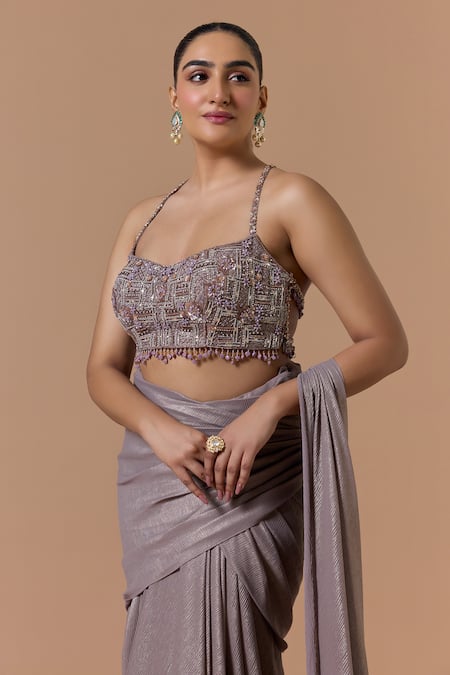 Buy Nitika Gujral Brown Georgette, Polyester, Shantoon Shimmer Finish Pre-draped Saree With Blouse Online at Aza Fashions Buy_Nitika Gujral_Brown Georgette, Polyester, Shantoon Shimmer Finish Pre-draped Saree With Blouse _Online_at_Aza_Fashions