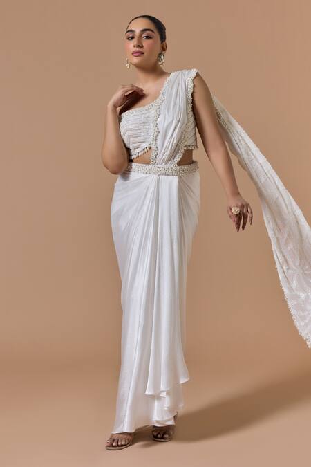Buy Nitika Gujral Ivory Satin, Net, Shantoon Pearls, Crystals, Pre-draped Saree With Blouse Online at Aza Fashions Buy_Nitika Gujral_Ivory Satin, Net, Shantoon Pearls, Crystals, Pre-draped Saree With Blouse _Online_at_Aza_Fashions