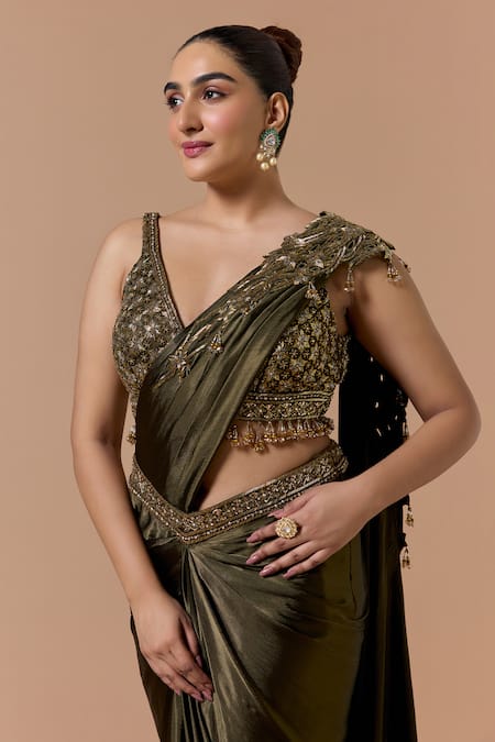Nitika Gujral Olive Green Satin, Shantoon Embroidery, Beads, Pre-draped Saree With Blouse Online at Aza Fashions Nitika Gujral_Olive Green Satin, Shantoon Embroidery, Beads, Pre-draped Saree With Blouse _Online_at_Aza_Fashions