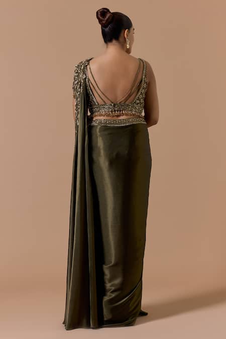 Nitika Gujral Olive Green Pre-Draped Saree With Embroidered Blouse 