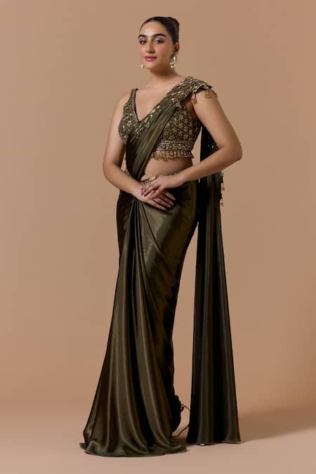 Nitika Gujral Olive Green Pre-Draped Saree With Embroidered Blouse 