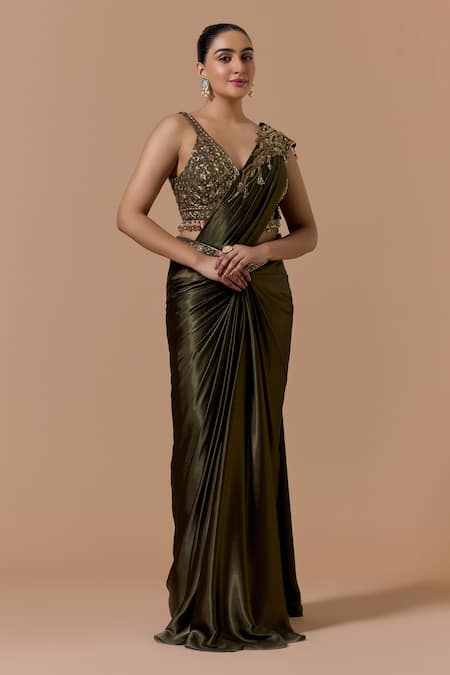 Buy Nitika Gujral Olive Green Satin, Shantoon Embroidery, Beads, Pre-draped Saree With Blouse Online at Aza Fashions Buy_Nitika Gujral_Olive Green Satin, Shantoon Embroidery, Beads, Pre-draped Saree With Blouse _Online_at_Aza_Fashions