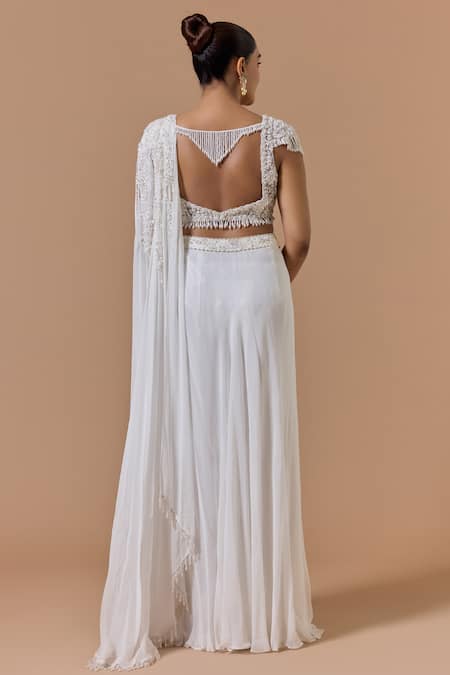 Nitika Gujral White Georgette Pre-Draped Saree With Embroidered Blouse 