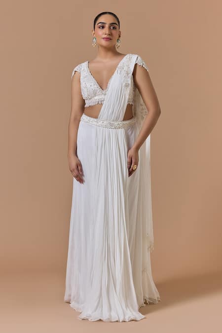 Nitika Gujral White Georgette Pre-Draped Saree With Embroidered Blouse 