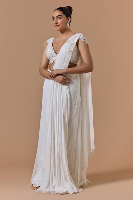 Nitika Gujral Off White Georgette, Net, Shantoon Pearls, Beads, Pre-draped Saree With Blouse Online at Aza Fashions Nitika Gujral_Off White Georgette, Net, Shantoon Pearls, Beads, Pre-draped Saree With Blouse _Online_at_Aza_Fashions