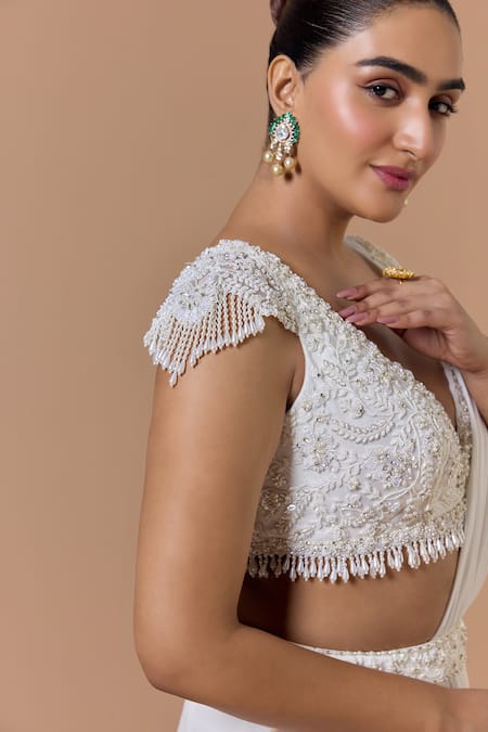 Buy Nitika Gujral Off White Georgette, Net, Shantoon Pearls, Beads, Pre-draped Saree With Blouse Online at Aza Fashions Buy_Nitika Gujral_Off White Georgette, Net, Shantoon Pearls, Beads, Pre-draped Saree With Blouse _Online_at_Aza_Fashions