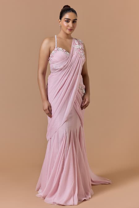 Nitika Gujral Pink Shantoon, Net, Lurex, Georgette Shimmer Finish Pre-draped Saree With Blouse Online at Aza Fashions Nitika Gujral_Pink Shantoon, Net, Lurex, Georgette Shimmer Finish Pre-draped Saree With Blouse _Online_at_Aza_Fashions