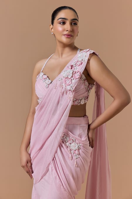 Buy Nitika Gujral Pink Shantoon, Net, Lurex, Georgette Shimmer Finish Pre-draped Saree With Blouse Online at Aza Fashions Buy_Nitika Gujral_Pink Shantoon, Net, Lurex, Georgette Shimmer Finish Pre-draped Saree With Blouse _Online_at_Aza_Fashions