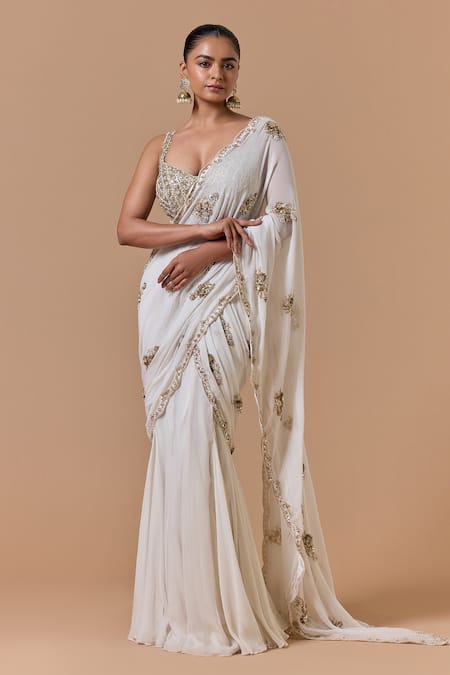 Nitika Gujral Cream Shimmer Pre-Draped Saree With Embroidered Blouse 