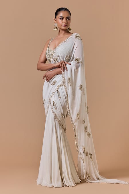 Nitika Gujral Cream Shantoon, Satin, Net Embroidery, Shimmer Pre-draped Saree With Blouse Online at Aza Fashions Nitika Gujral_Cream Shantoon, Satin, Net Embroidery, Shimmer Pre-draped Saree With Blouse _Online_at_Aza_Fashions