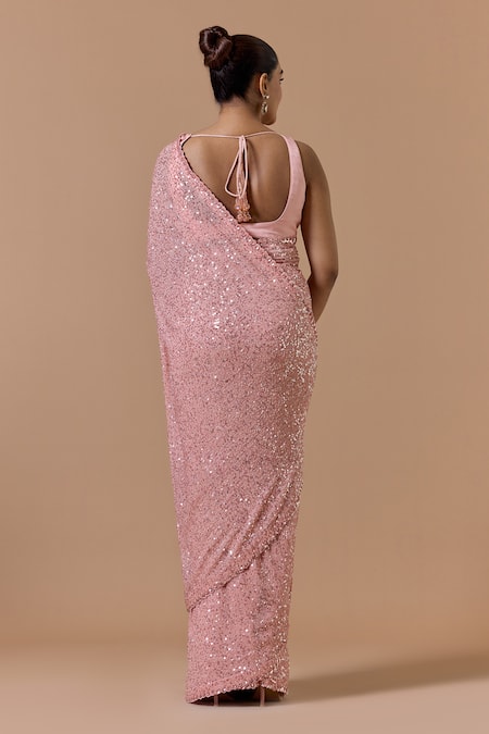 Nitika Gujral Rose Pink Sequin Saree With Blouse 