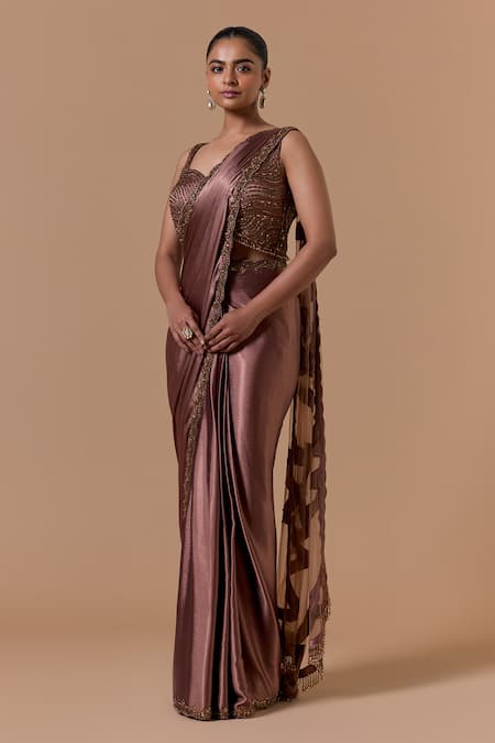 Nitika Gujral Brown Satin, Net Beads, Metallic Thread, Copper Pre-draped Saree With Blouse Online at Aza Fashions Nitika Gujral_Brown Satin, Net Beads, Metallic Thread, Copper Pre-draped Saree With Blouse _Online_at_Aza_Fashions