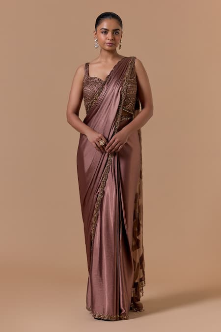 Nitika Gujral Copper Pre-Draped Saree With Embroidered Blouse 