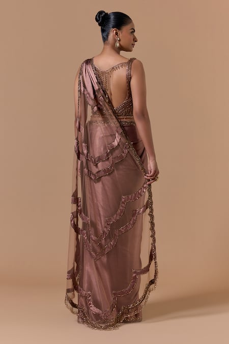 Nitika Gujral Copper Pre-Draped Saree With Embroidered Blouse 