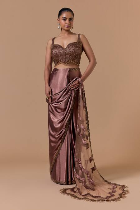 Buy Nitika Gujral Brown Satin, Net Beads, Metallic Thread, Copper Pre-draped Saree With Blouse Online at Aza Fashions Buy_Nitika Gujral_Brown Satin, Net Beads, Metallic Thread, Copper Pre-draped Saree With Blouse _Online_at_Aza_Fashions