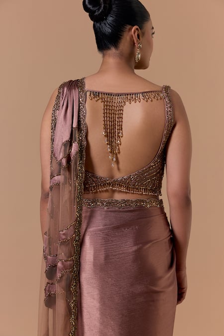 Shop Nitika Gujral Brown Satin, Net Beads, Metallic Thread, Copper Pre-draped Saree With Blouse Online at Aza Fashions Shop_Nitika Gujral_Brown Satin, Net Beads, Metallic Thread, Copper Pre-draped Saree With Blouse _Online_at_Aza_Fashions