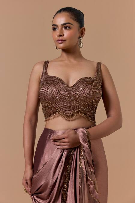 Nitika Gujral Brown Satin, Net Beads, Metallic Thread, Copper Pre-draped Saree With Blouse at Aza Fashions Nitika Gujral_Brown Satin, Net Beads, Metallic Thread, Copper Pre-draped Saree With Blouse _at_Aza_Fashions