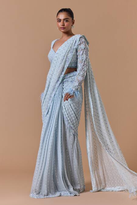 Nitika Gujral Blue Georgette, Net, Shantoon, Satin Sequins, Work Pre-draped Saree With Blouse Online at Aza Fashions Nitika Gujral_Blue Georgette, Net, Shantoon, Satin Sequins, Work Pre-draped Saree With Blouse _Online_at_Aza_Fashions