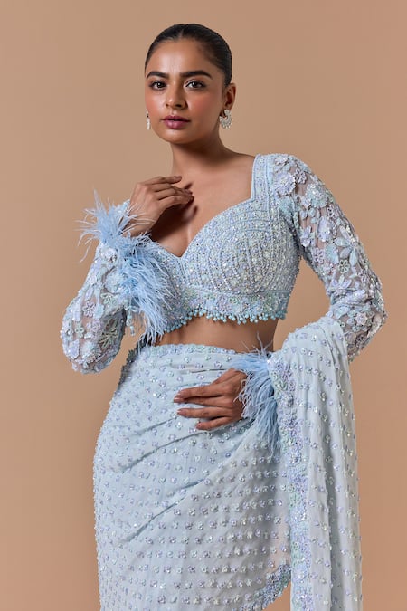 Buy Nitika Gujral Blue Georgette, Net, Shantoon, Satin Sequins, Work Pre-draped Saree With Blouse Online at Aza Fashions Buy_Nitika Gujral_Blue Georgette, Net, Shantoon, Satin Sequins, Work Pre-draped Saree With Blouse _Online_at_Aza_Fashions