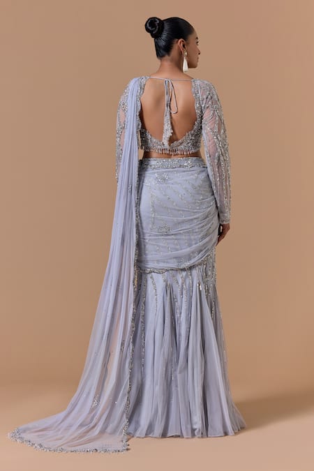 Nitika Gujral Grey Net Pre-Draped Saree With Embroidered Blouse 