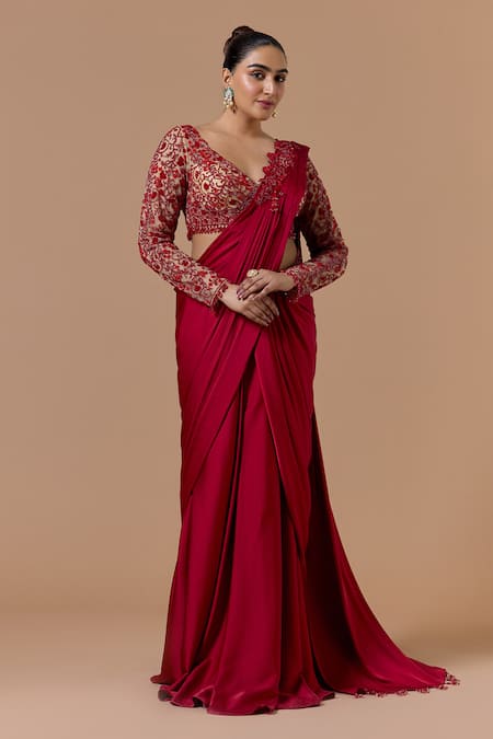 Nitika Gujral Red Pre-Draped Saree With Embroidered Blouse 