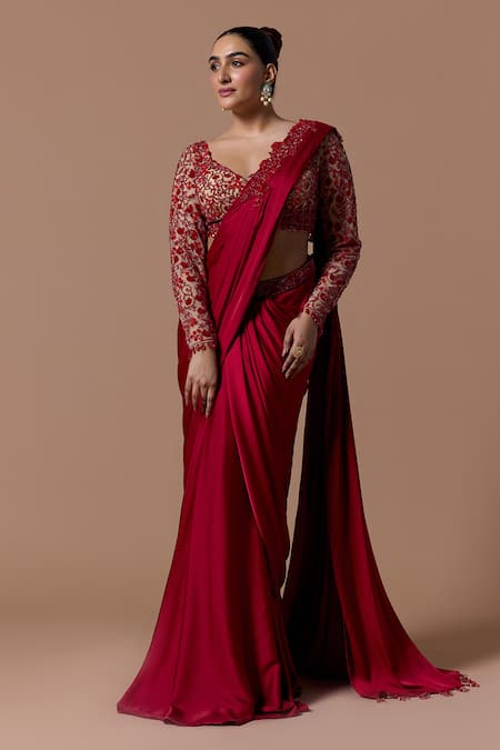 Nitika Gujral Red Satin, Net Beads, Sequins, Crystals, Pre-draped Saree With Blouse Online at Aza Fashions Nitika Gujral_Red Satin, Net Beads, Sequins, Crystals, Pre-draped Saree With Blouse _Online_at_Aza_Fashions