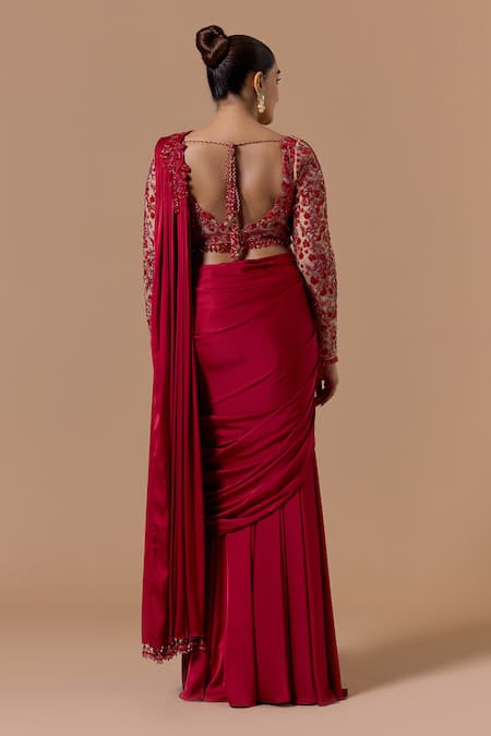 Nitika Gujral Red Pre-Draped Saree With Embroidered Blouse 