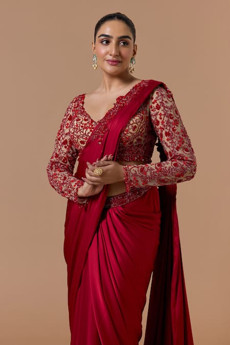 Buy Nitika Gujral Red Satin, Net Beads, Sequins, Crystals, Pre-draped Saree With Blouse Online at Aza Fashions Buy_Nitika Gujral_Red Satin, Net Beads, Sequins, Crystals, Pre-draped Saree With Blouse _Online_at_Aza_Fashions