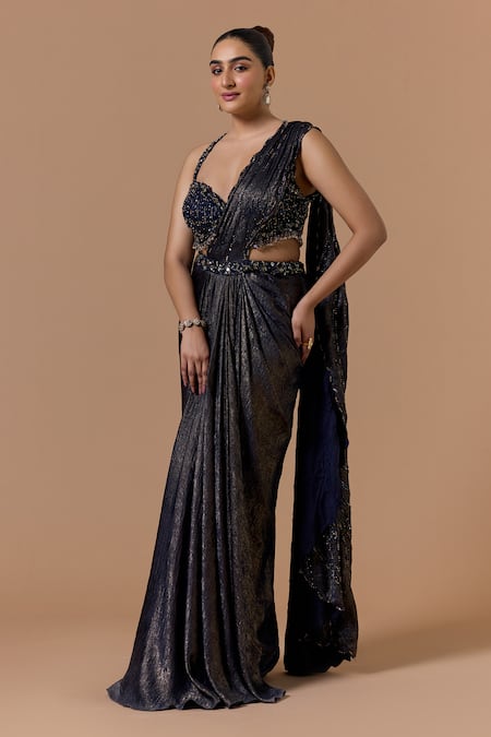 Nitika Gujral Navy Shantoon, Organza, Satin Blue Pre-draped Saree With Embroidered Blouse Online at Aza Fashions Nitika Gujral_Navy Shantoon, Organza, Satin Blue Pre-draped Saree With Embroidered Blouse _Online_at_Aza_Fashions