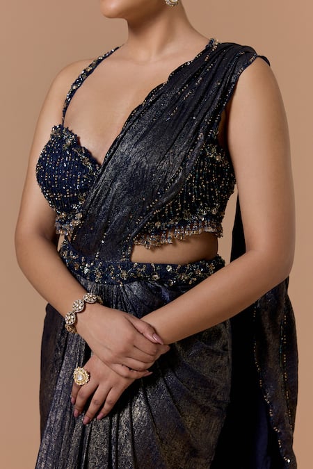 Buy Nitika Gujral Navy Shantoon, Organza, Satin Blue Pre-draped Saree With Embroidered Blouse Online at Aza Fashions Buy_Nitika Gujral_Navy Shantoon, Organza, Satin Blue Pre-draped Saree With Embroidered Blouse _Online_at_Aza_Fashions