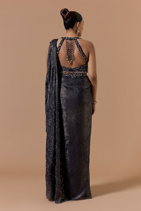 Nitika Gujral Navy Blue Pre-Draped Saree With Embroidered Blouse 