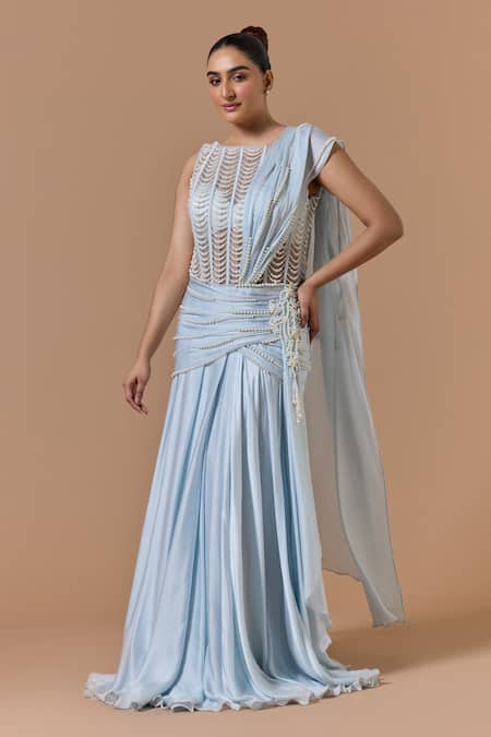 Buy Nitika Gujral Sky Blue Net, Satin, Shantoon Pearls, Crystals Work Saree Gown With Bustier Online at Aza Fashions Buy_Nitika Gujral_Sky Blue Net, Satin, Shantoon Pearls, Crystals Work Saree Gown With Bustier _Online_at_Aza_Fashions