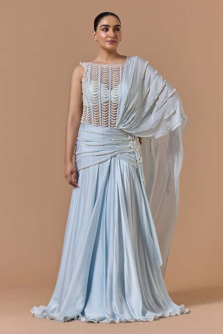 Nitika Gujral Pearl Work Saree Gown With Bustier 