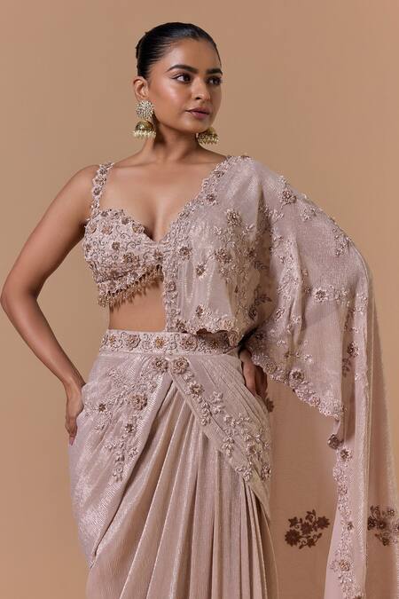 Nitika Gujral Blush Chiffon, Shantoon Embroidery, Floral Pattern Pre-draped Saree With Blouse Online at Aza Fashions Nitika Gujral_Blush Chiffon, Shantoon Embroidery, Floral Pattern Pre-draped Saree With Blouse _Online_at_Aza_Fashions