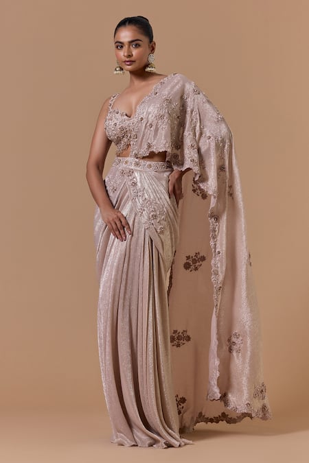 Buy Nitika Gujral Blush Chiffon, Shantoon Embroidery, Floral Pattern Pre-draped Saree With Blouse Online at Aza Fashions Buy_Nitika Gujral_Blush Chiffon, Shantoon Embroidery, Floral Pattern Pre-draped Saree With Blouse _Online_at_Aza_Fashions