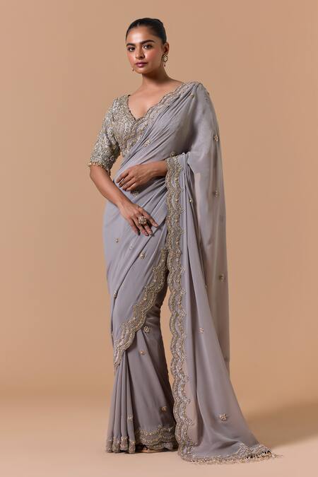 Nitika Gujral Gray Georgette, Tissue, Shantoon Beads, Scallop Border Saree With Blouse Online at Aza Fashions Nitika Gujral_Gray Georgette, Tissue, Shantoon Beads, Scallop Border Saree With Blouse _Online_at_Aza_Fashions
