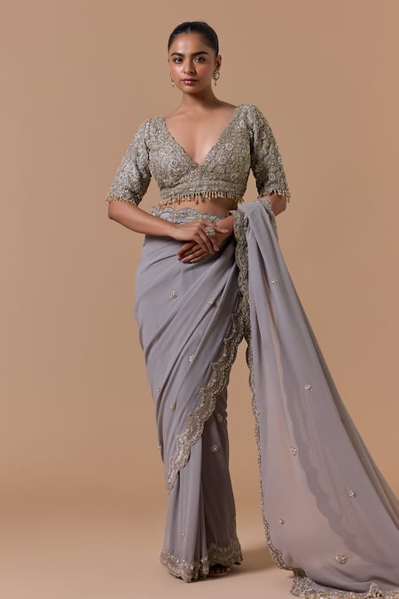 Buy Nitika Gujral Gray Georgette, Tissue, Shantoon Beads, Scallop Border Saree With Blouse Online at Aza Fashions Buy_Nitika Gujral_Gray Georgette, Tissue, Shantoon Beads, Scallop Border Saree With Blouse _Online_at_Aza_Fashions