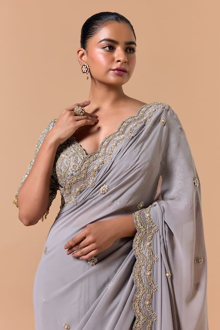 Shop Nitika Gujral Gray Georgette, Tissue, Shantoon Beads, Scallop Border Saree With Blouse Online at Aza Fashions Shop_Nitika Gujral_Gray Georgette, Tissue, Shantoon Beads, Scallop Border Saree With Blouse _Online_at_Aza_Fashions