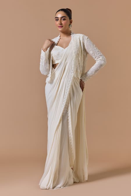 Nitika Gujral Ivory Georgette, Satin Beads, Sequins, Pre-draped Saree Set With Jacket Online at Aza Fashions Nitika Gujral_Ivory Georgette, Satin Beads, Sequins, Pre-draped Saree Set With Jacket _Online_at_Aza_Fashions