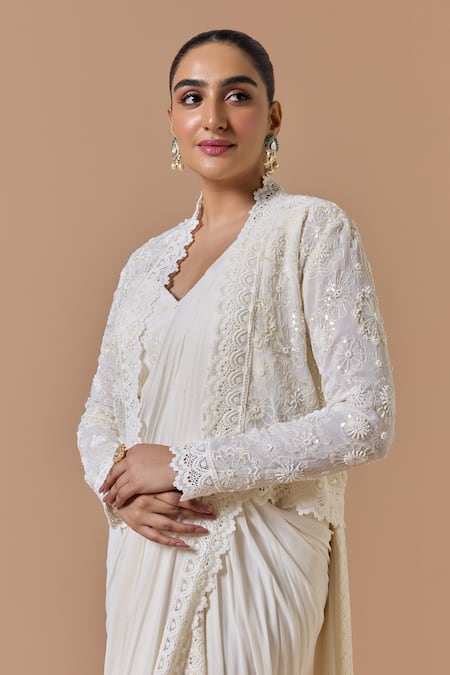 Buy Nitika Gujral Ivory Georgette, Satin Beads, Sequins, Pre-draped Saree Set With Jacket Online at Aza Fashions Buy_Nitika Gujral_Ivory Georgette, Satin Beads, Sequins, Pre-draped Saree Set With Jacket _Online_at_Aza_Fashions