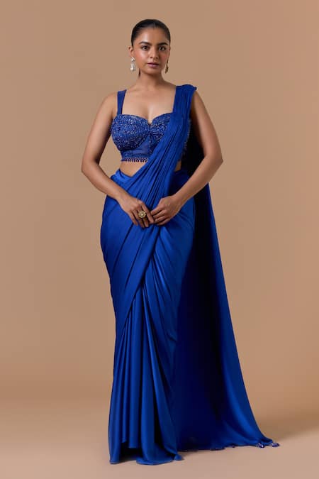 Nitika Gujral Royal Blue Pre-Draped Saree With Embroidered Blouse 