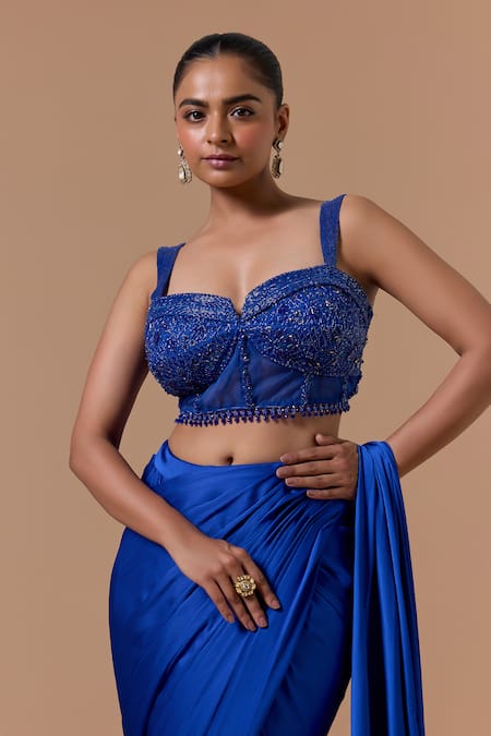 Buy Nitika Gujral Blue Satin, Organza, Shantoon Royal Pre-draped Saree With Embroidered Blouse Online at Aza Fashions Buy_Nitika Gujral_Blue Satin, Organza, Shantoon Royal Pre-draped Saree With Embroidered Blouse _Online_at_Aza_Fashions