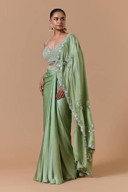 Nitika Gujral Green Satin, Net, Shantoon Applique, Beads, Jade Pre-draped Saree With Blouse Online at Aza Fashions Nitika Gujral_Green Satin, Net, Shantoon Applique, Beads, Jade Pre-draped Saree With Blouse _Online_at_Aza_Fashions