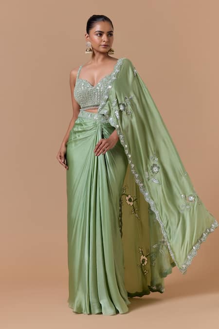 Buy Nitika Gujral Green Satin, Net, Shantoon Applique, Beads, Jade Pre-draped Saree With Blouse Online at Aza Fashions Buy_Nitika Gujral_Green Satin, Net, Shantoon Applique, Beads, Jade Pre-draped Saree With Blouse _Online_at_Aza_Fashions