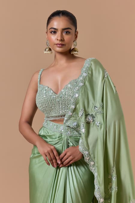 Shop Nitika Gujral Green Satin, Net, Shantoon Applique, Beads, Jade Pre-draped Saree With Blouse Online at Aza Fashions Shop_Nitika Gujral_Green Satin, Net, Shantoon Applique, Beads, Jade Pre-draped Saree With Blouse _Online_at_Aza_Fashions