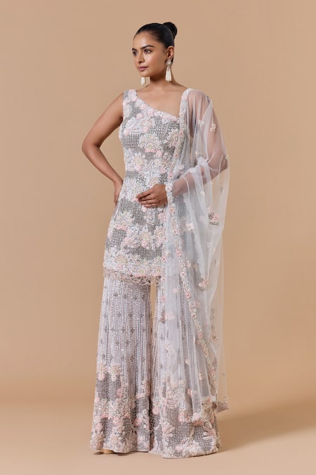 Nitika Gujral Gray Net, Satin Embroidery, Beads, Sequins, Floral Pattern Kurta Sharara Set Online at Aza Fashions Nitika Gujral_Gray Net, Satin Embroidery, Beads, Sequins, Floral Pattern Kurta Sharara Set _Online_at_Aza_Fashions
