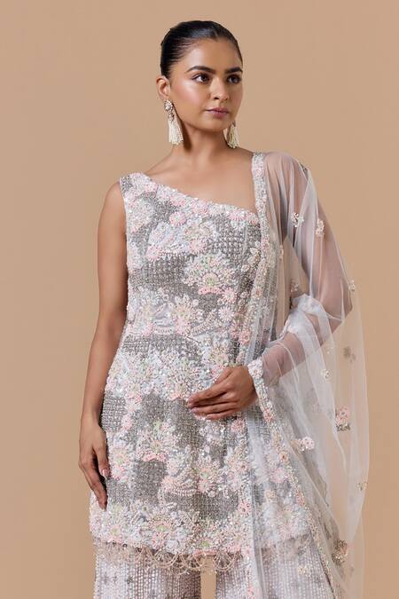 Buy Nitika Gujral Gray Net, Satin Embroidery, Beads, Sequins, Floral Pattern Kurta Sharara Set Online at Aza Fashions Buy_Nitika Gujral_Gray Net, Satin Embroidery, Beads, Sequins, Floral Pattern Kurta Sharara Set _Online_at_Aza_Fashions