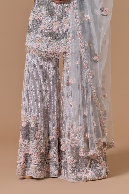 Shop Nitika Gujral Gray Net, Satin Embroidery, Beads, Sequins, Floral Pattern Kurta Sharara Set Online at Aza Fashions Shop_Nitika Gujral_Gray Net, Satin Embroidery, Beads, Sequins, Floral Pattern Kurta Sharara Set _Online_at_Aza_Fashions