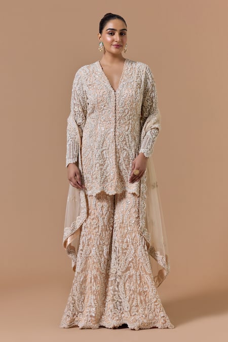 Buy Nitika Gujral Blush Net, Satin Beads, Sequins, Crystals, Zari, Pink Dori Kurta Sharara Set Online at Aza Fashions Buy_Nitika Gujral_Blush Net, Satin Beads, Sequins, Crystals, Zari, Pink Dori Kurta Sharara Set _Online_at_Aza_Fashions